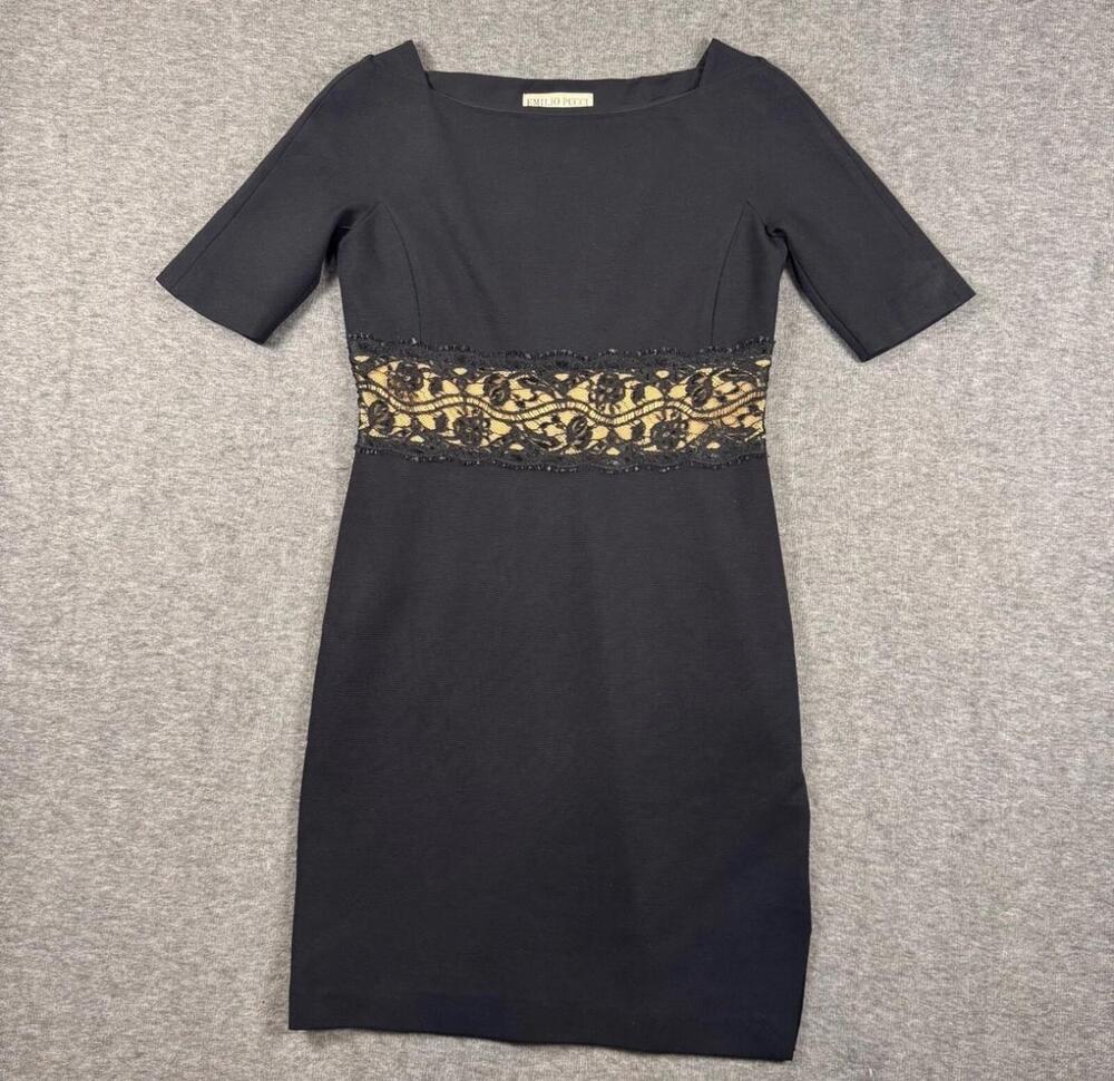 Emilio Pucci Dress Womens Small Black Lace Sheath Short Sleeve Made in Italy
